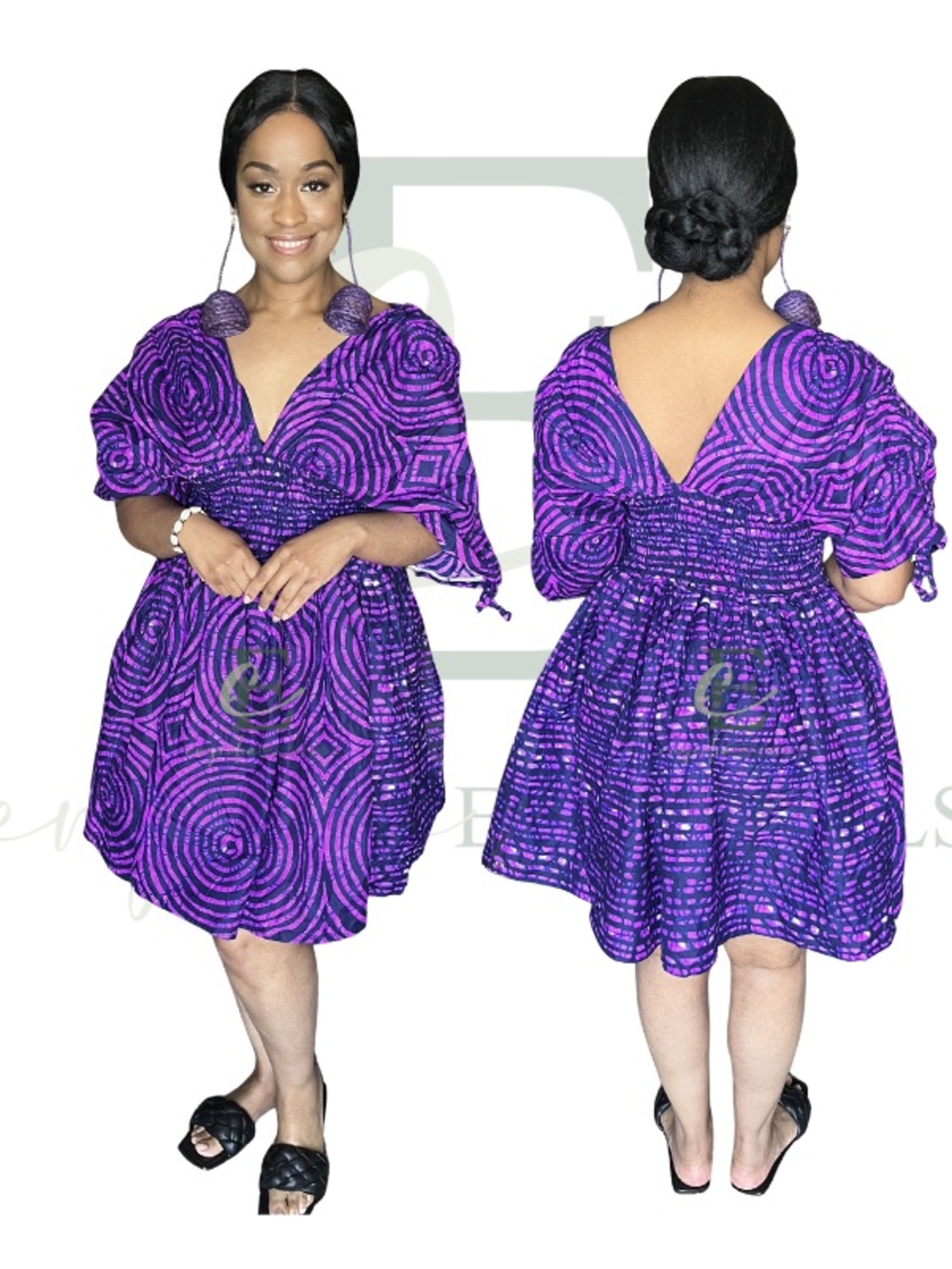 Purple Patterned Smocked Mini Dress | One Size (S–XL)